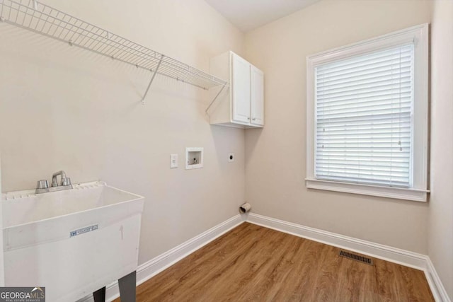 washroom featuring cabinets, hardwood / wood-style flooring, plenty of natural light, and sink