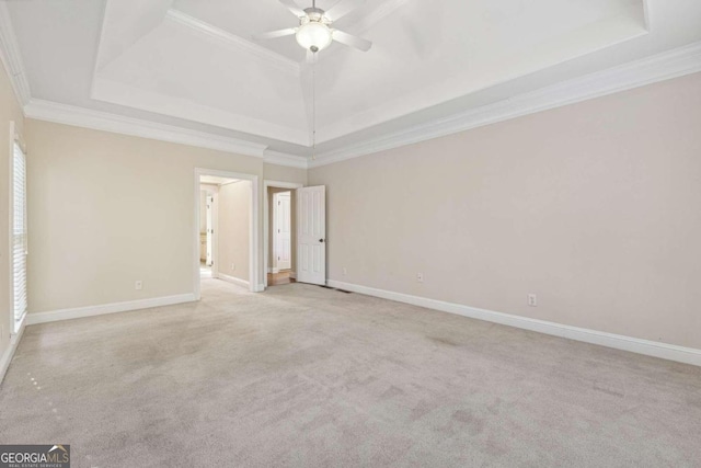 spare room with light colored carpet, a raised ceiling, and crown molding