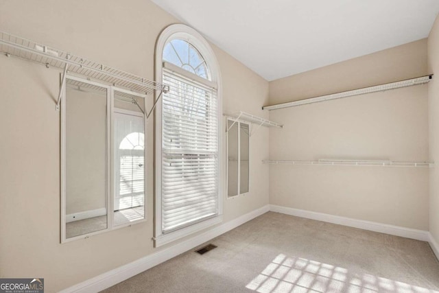 walk in closet featuring carpet flooring and vaulted ceiling