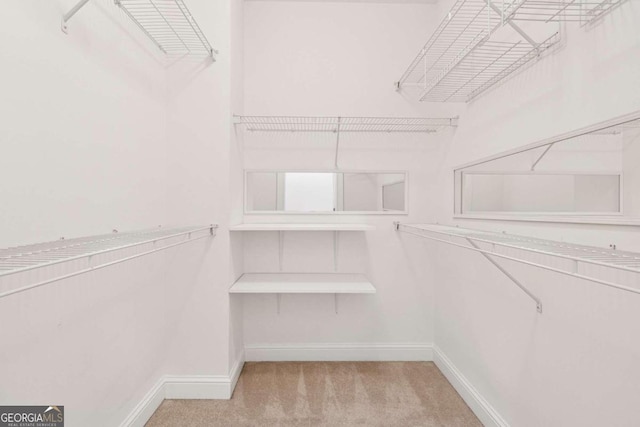 walk in closet featuring light colored carpet