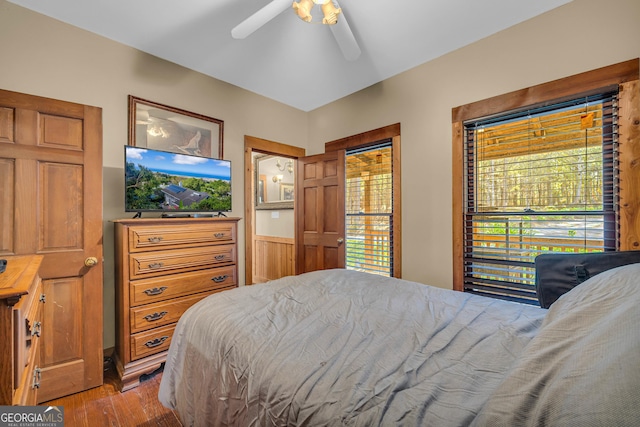 bedroom with ceiling fan and light hardwood / wood-style floors