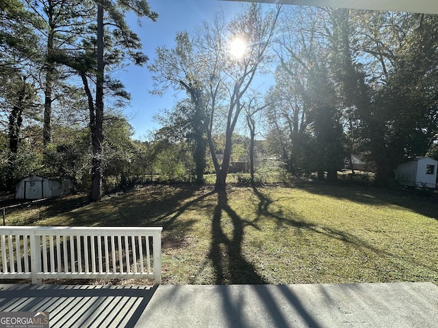 view of yard featuring a storage shed