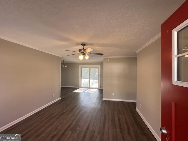 unfurnished room featuring a textured ceiling, dark hardwood / wood-style floors, ceiling fan, and crown molding