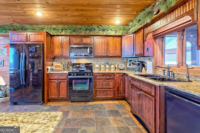 kitchen with backsplash, black appliances, sink, light stone counters, and wood ceiling