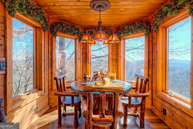 dining room featuring wood ceiling and a healthy amount of sunlight