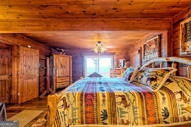 bedroom featuring wooden walls, hardwood / wood-style flooring, and wooden ceiling