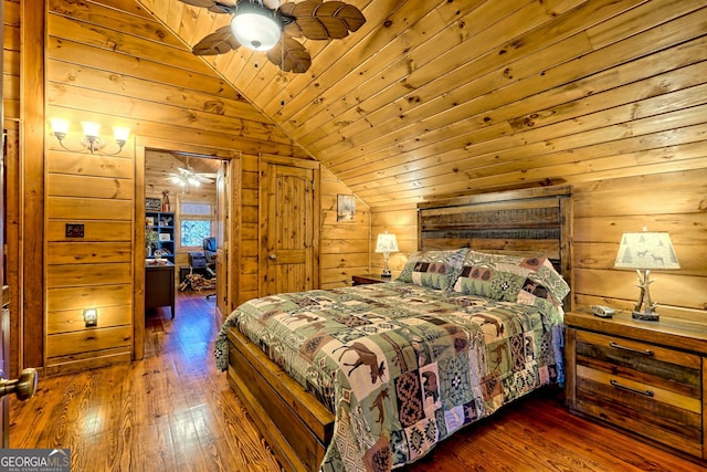 bedroom featuring ceiling fan, wooden ceiling, dark hardwood / wood-style flooring, wood walls, and vaulted ceiling