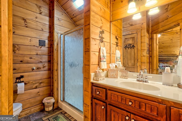 bathroom featuring an enclosed shower, vanity, wooden walls, wooden ceiling, and lofted ceiling