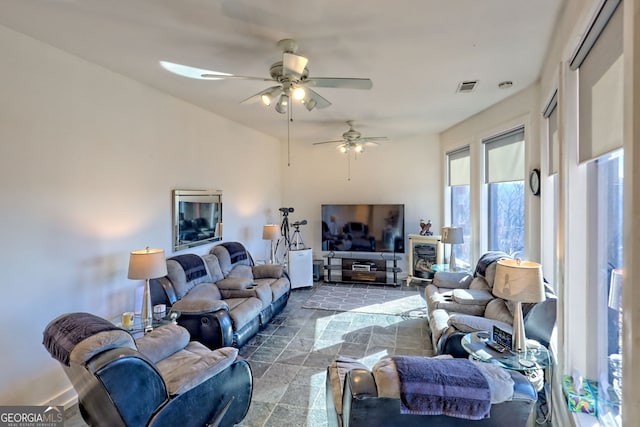 living room with ceiling fan