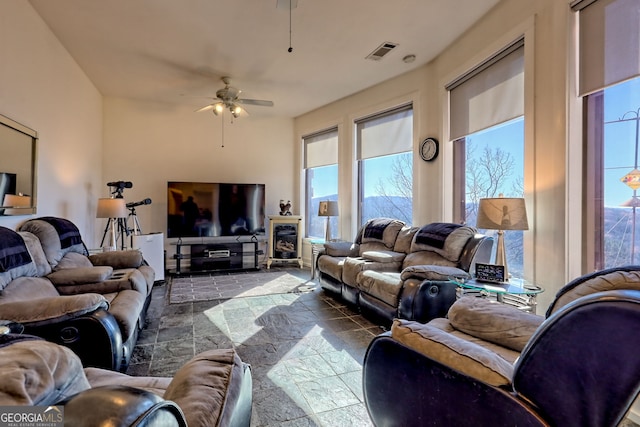 living room with ceiling fan