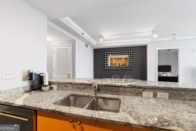 kitchen featuring light stone counters, sink, track lighting, and ornamental molding