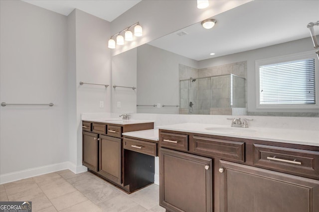 bathroom featuring walk in shower and vanity