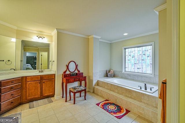 bathroom featuring tile patterned flooring, vanity, a relaxing tiled tub, and crown molding