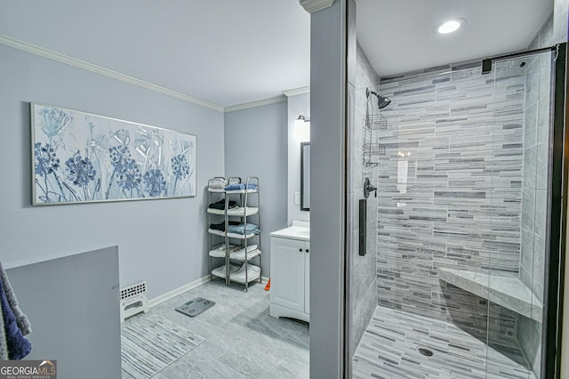 bathroom with vanity, walk in shower, and ornamental molding