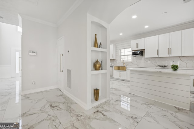 kitchen with tasteful backsplash, built in shelves, crown molding, sink, and white cabinetry