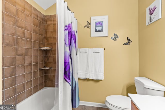 full bathroom with vanity, toilet, and shower / tub combo with curtain