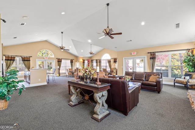 living room with carpet flooring, french doors, vaulted ceiling, and ceiling fan