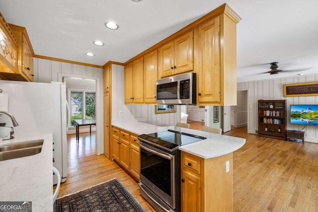 kitchen with light stone countertops, stainless steel appliances, ceiling fan, sink, and light hardwood / wood-style floors