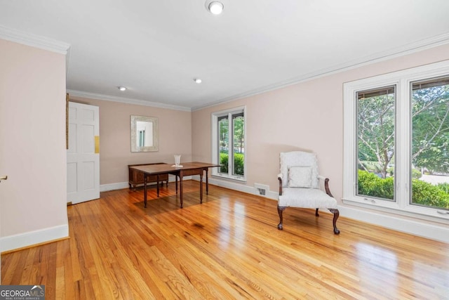 interior space featuring light wood-type flooring, plenty of natural light, and ornamental molding