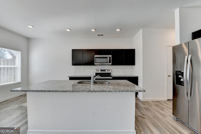 kitchen with light wood-type flooring, tasteful backsplash, stainless steel appliances, sink, and an island with sink