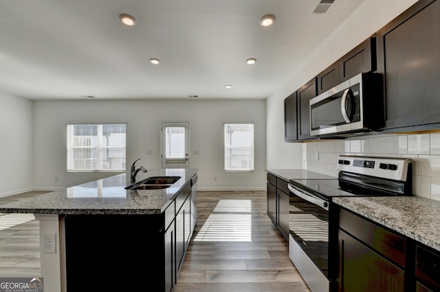 kitchen featuring sink, decorative backsplash, light wood-type flooring, an island with sink, and appliances with stainless steel finishes