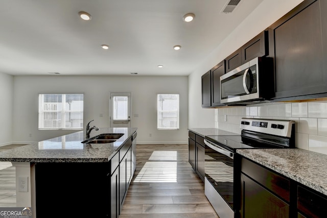 kitchen with a wealth of natural light, stainless steel appliances, a kitchen island with sink, and sink