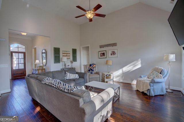 living room with ceiling fan, high vaulted ceiling, and dark hardwood / wood-style floors