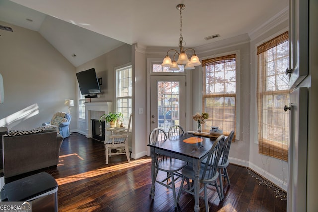 dining room featuring plenty of natural light, dark wood-type flooring, and vaulted ceiling