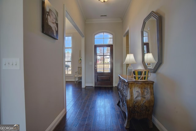 foyer entrance featuring dark hardwood / wood-style floors and crown molding