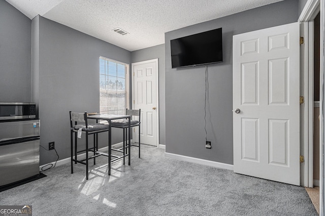 office featuring light colored carpet and a textured ceiling