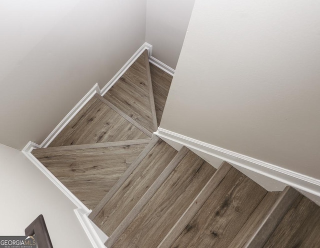 staircase with hardwood / wood-style flooring