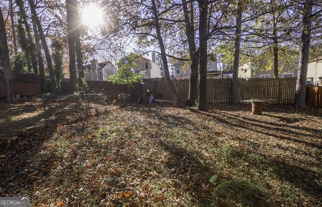 view of yard featuring a fenced backyard and a residential view