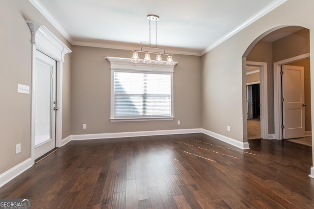 unfurnished room featuring ornamental molding and dark hardwood / wood-style floors