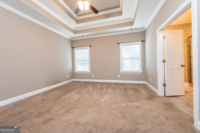 unfurnished room featuring crown molding, a healthy amount of sunlight, light carpet, and a tray ceiling