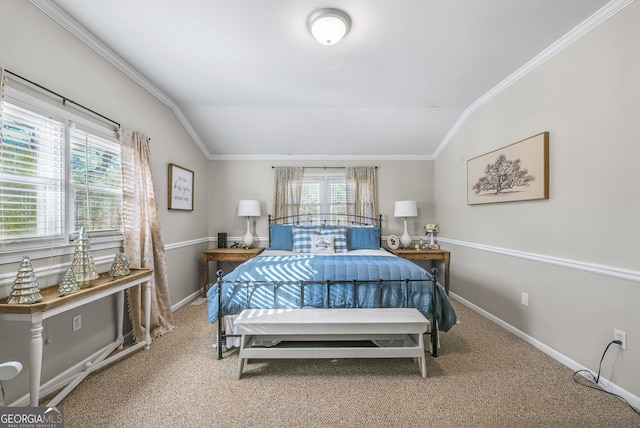 carpeted bedroom with lofted ceiling, ornamental molding, and multiple windows