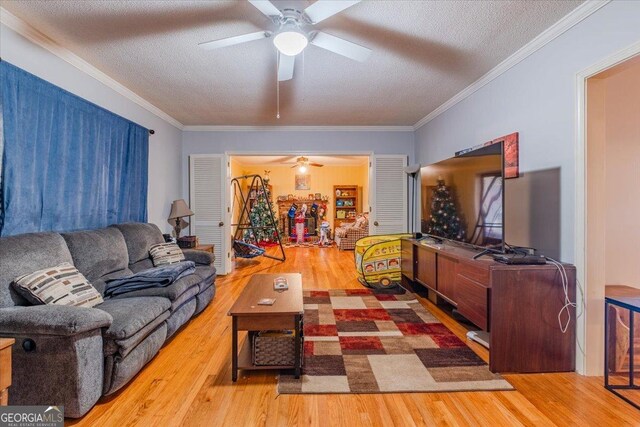 living room with hardwood / wood-style flooring, crown molding, and a textured ceiling