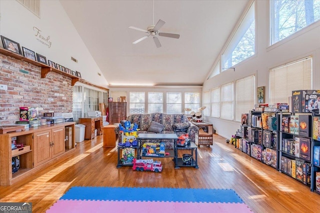 playroom with high vaulted ceiling, a healthy amount of sunlight, and light hardwood / wood-style floors