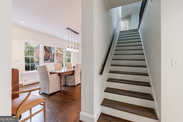 staircase featuring ornamental molding and hardwood / wood-style flooring