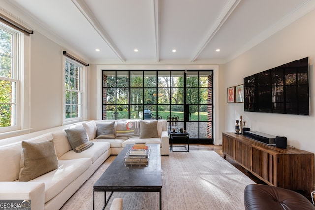 living room with beamed ceiling, light hardwood / wood-style floors, and ornamental molding