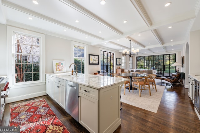 kitchen featuring a kitchen breakfast bar, stainless steel dishwasher, light stone countertops, beamed ceiling, and dark hardwood / wood-style flooring