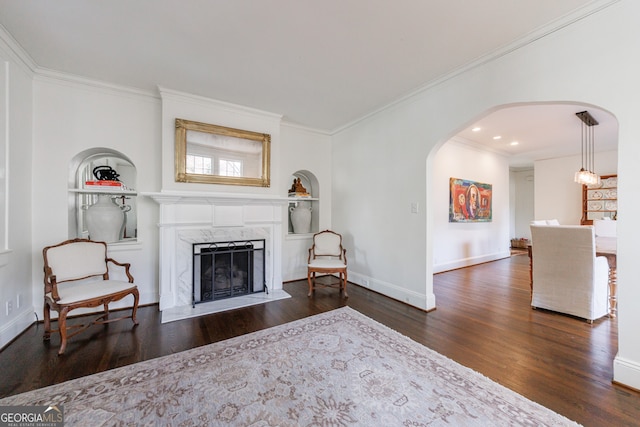 living room featuring dark hardwood / wood-style flooring, a premium fireplace, and ornamental molding