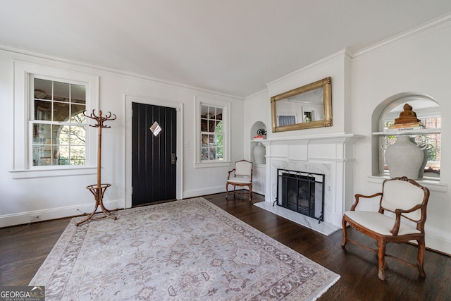 foyer entrance featuring dark hardwood / wood-style flooring, ornamental molding, and a high end fireplace