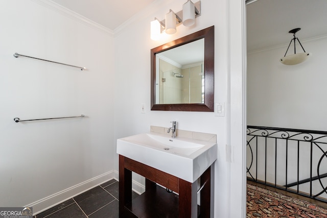 bathroom with tile patterned floors and crown molding