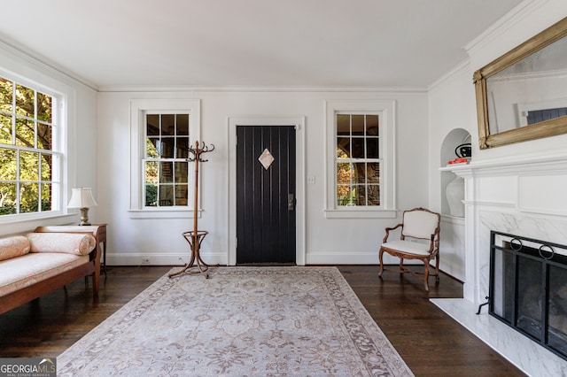 entrance foyer featuring a high end fireplace, crown molding, and dark wood-type flooring