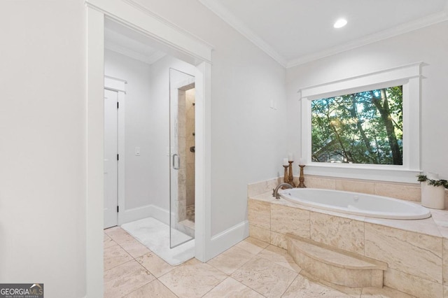 bathroom with tile patterned floors, crown molding, and plus walk in shower