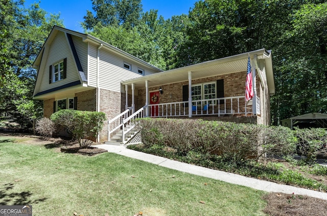 view of front of home with a porch and a front lawn