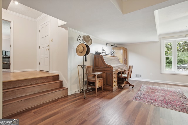 interior space featuring dark hardwood / wood-style floors and crown molding