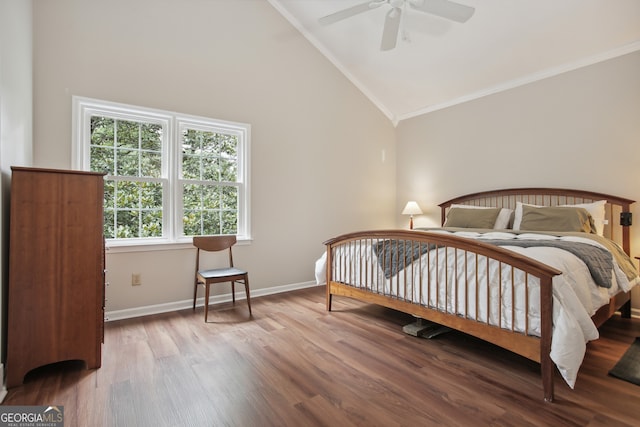 bedroom featuring wood-type flooring, high vaulted ceiling, ceiling fan, and crown molding