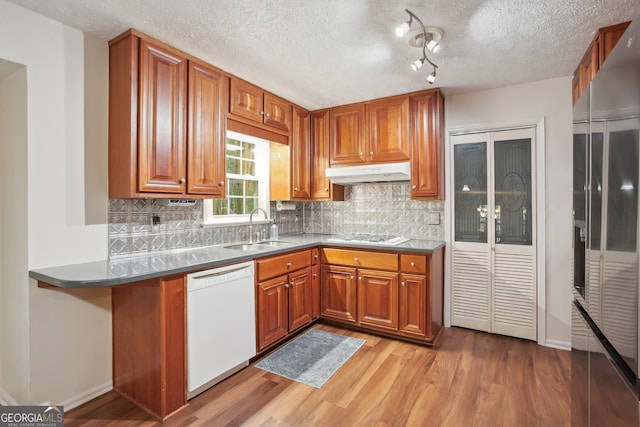 kitchen featuring backsplash, light wood-type flooring, white appliances, and sink