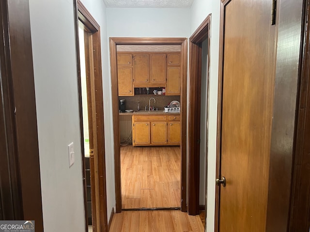 hall featuring light wood finished floors and a sink